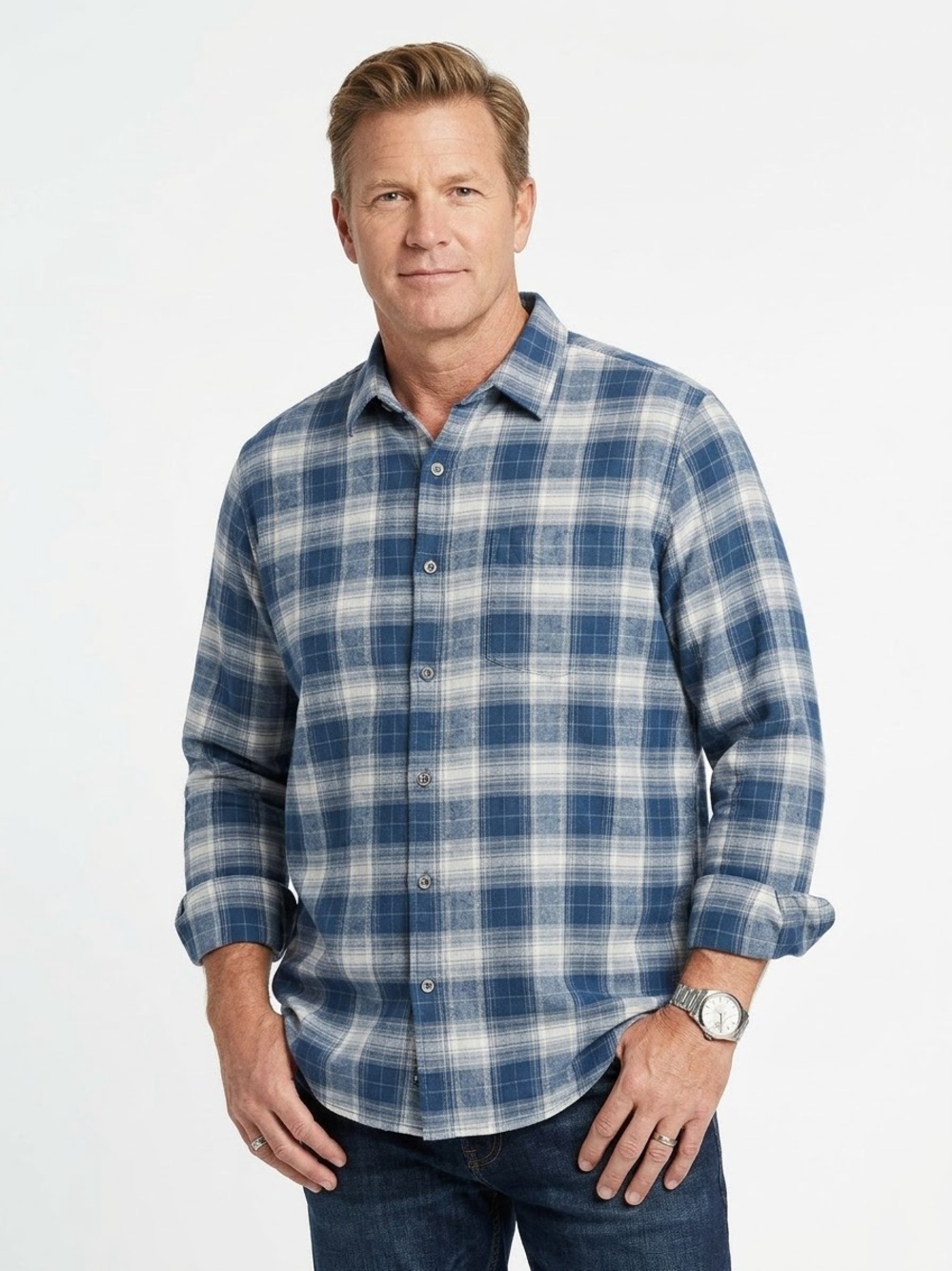 Weatherproof Vintage Blue Plaid Comfort Stretch Flannel Shirt Size XXL
